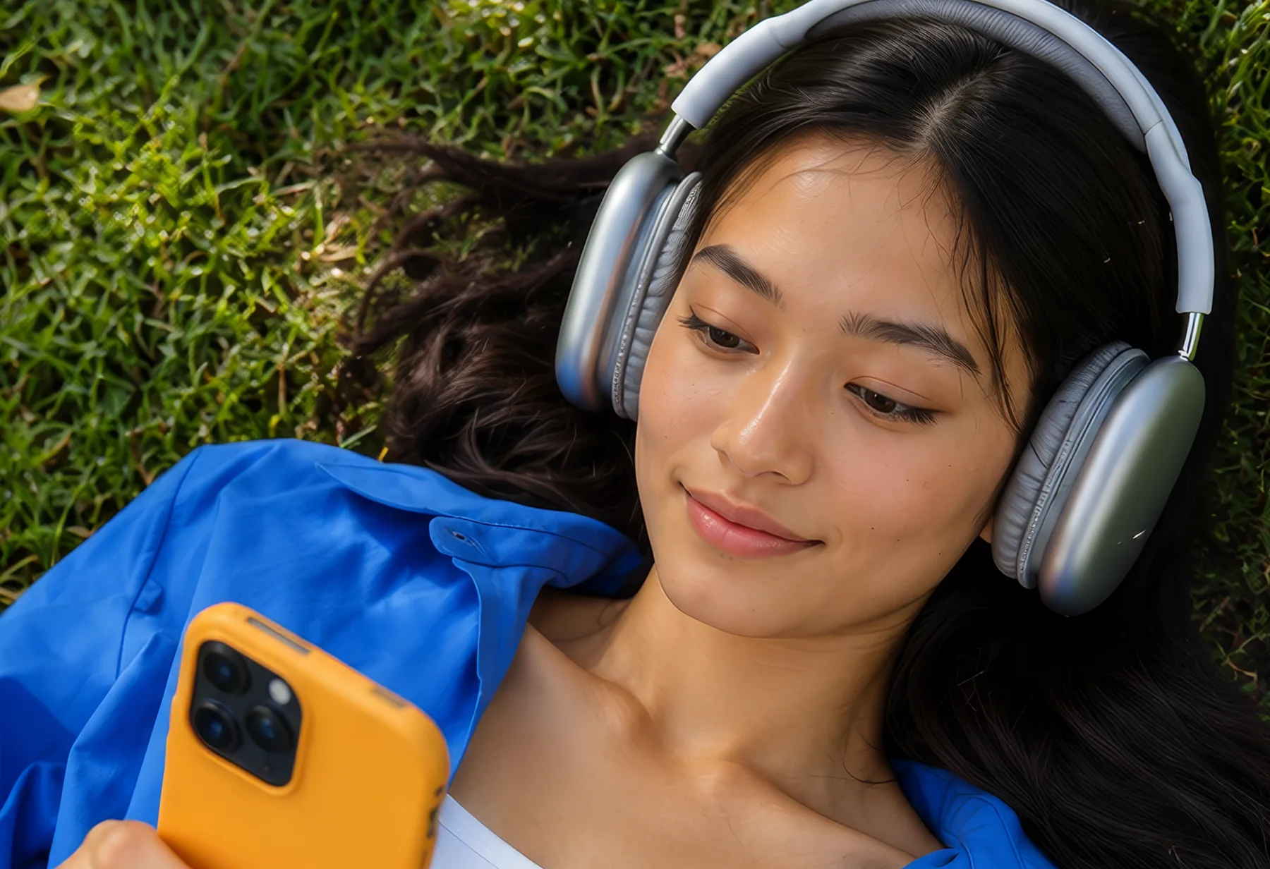A young woman lying on the grass, listening with headphones while practicing a language on her phone